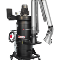 Depureco DF 075 industrial dust collector with articulated source-capture extraction arm and mobile collection container.