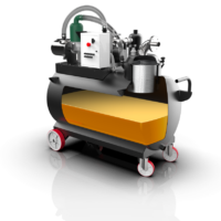 Cutaway rendering of the RAM OIL 1000 AV industrial sump vacuum showing its 264-gallon liquid tank and chip separator basket.