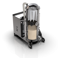 Cutaway rendering of a Depureco TX industrial vacuum showing the star filter, tangential inlet, filter shaker, and collection container.
