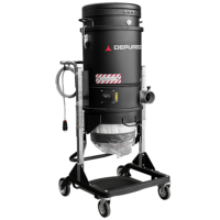Primary product image of the Depureco XM35 JC LP compact industrial vacuum. The unit combines dual suction motors, JetClean filter cleaning, a tangential suction inlet, mobile tubular frame, and a continuous Longopac bagging system for cleaner containment and disposal of fine dust, powders, and dry industrial debris.