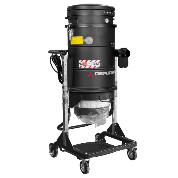 Depureco M100 H14 LP industrial HEPA dust extractor vacuum beside a floor grinder, capturing concrete dust via Longopac bag while JetClean pulses clear the filter; forklift-ready steel frame in view.