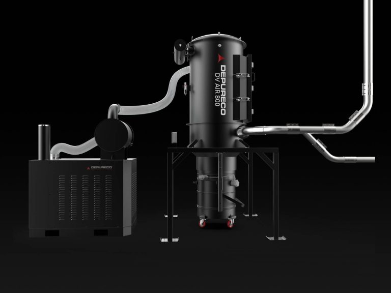 Central vacuum system with black vertical separator on stand, power unit, and metal ducting; Depureco branding.