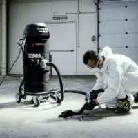 Worker uses the MINIBULL industrial vacuum to remove a pile of dry dust and debris from a facility floor.