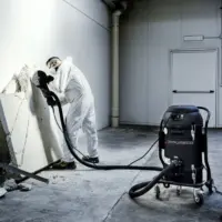 Worker uses an XM20 JC industrial vacuum for concrete dust extraction while cutting a reinforced concrete wall.