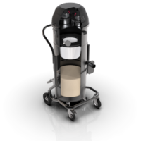 Cutaway rendering of the XM35 JC industrial vacuum showing its dual motors, filter chamber, and dust collection container.