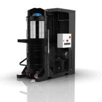 Cutaway rendering of the Depureco DF FIX industrial vacuum showing cartridge filters, collection chamber, blower, and enclosed power cabinet.