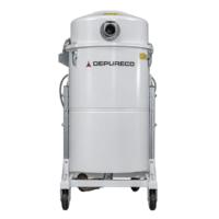 Depureco AS 300 industrial vacuum featuring a white cylindrical collection tank, front suction inlet, metal support frame, and four caster wheels.
  Copy title and alt text
