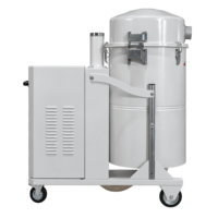 Side profile of the Depureco AS 300 industrial vacuum showing the cylindrical collection tank, motor enclosure, support frame, and caster wheels.
