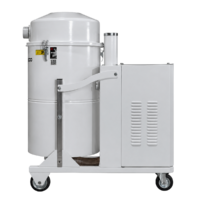Opposite-side profile of the Depureco AS 300 industrial vacuum showing the collection tank, motor housing, structural supports, and wheeled base.