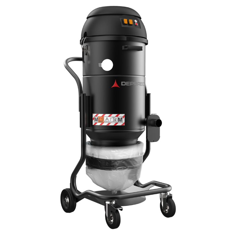 Depureco USA's XM35 JC LP with HEPA 14 dust extractor for concrete grinders. JetClean pulse system active, Longopac bagging silica dust for OSHA-compliant surface preparation.