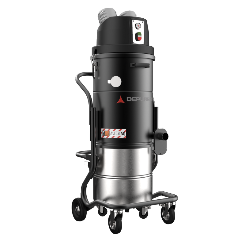 Depureco BL 45 JC industrial vacuum, ATEX II 3 D (Zone 22), 2 HP brushless, 129 CFM / 92 inH₂O, manual filter shaker, optional HEPA H14, 11-gal AISI 304 stainless bin, Ø 2.75 in inlet, ≤ 72 dB, 120 V single-phase, fully grounded.