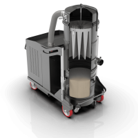 Cutaway rendering of a Depureco PUMA industrial vacuum showing the star filter, filter shaker, inlet, and collection bin.