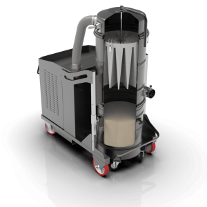 Cutaway rendering of a Depureco PUMA industrial vacuum showing the star filter, filter shaker, inlet, and collection bin.
