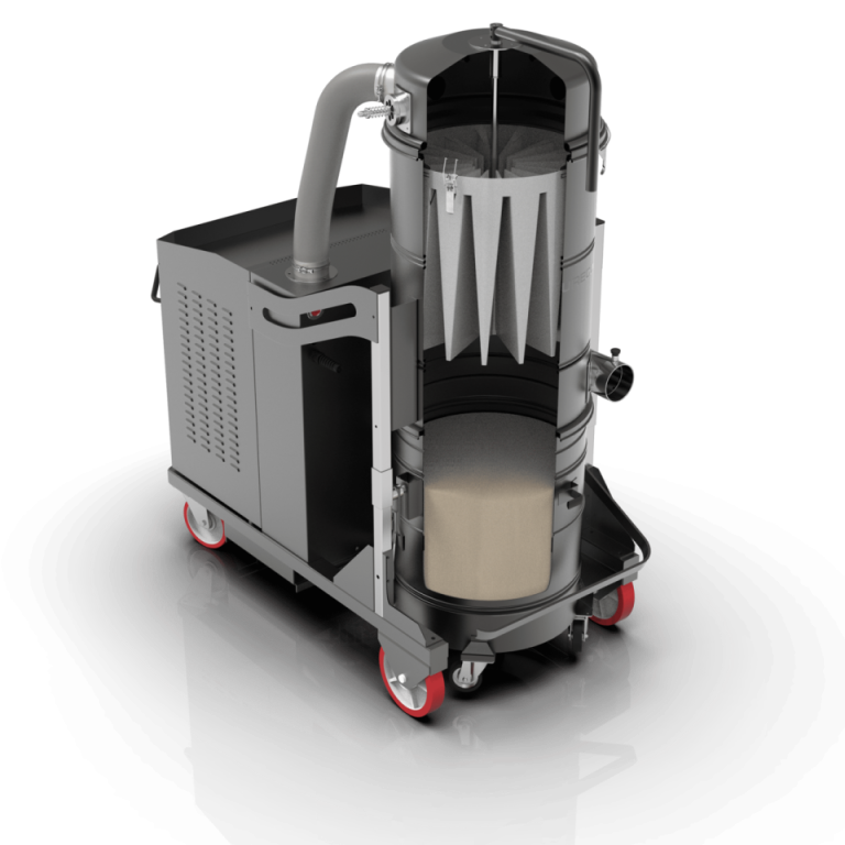 Cutaway rendering of a Depureco PUMA industrial vacuum showing the star filter, filter shaker, inlet, and collection bin.