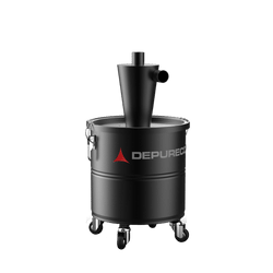 Depureco P13821 cyclonic pre-separator on wheeled drum; cone top with inlet/outlet for industrial vacuum pre-collection.