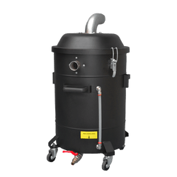 Depureco P12373 / P12373/50 wet & dry pre-separator on wheeled drum with cone lid, elbow inlet, level sight tube, and drain valve.