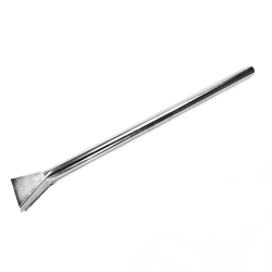 Metal scraping pipe vacuum nozzle with long tube and flat scraper tip for dislodging stuck debris.