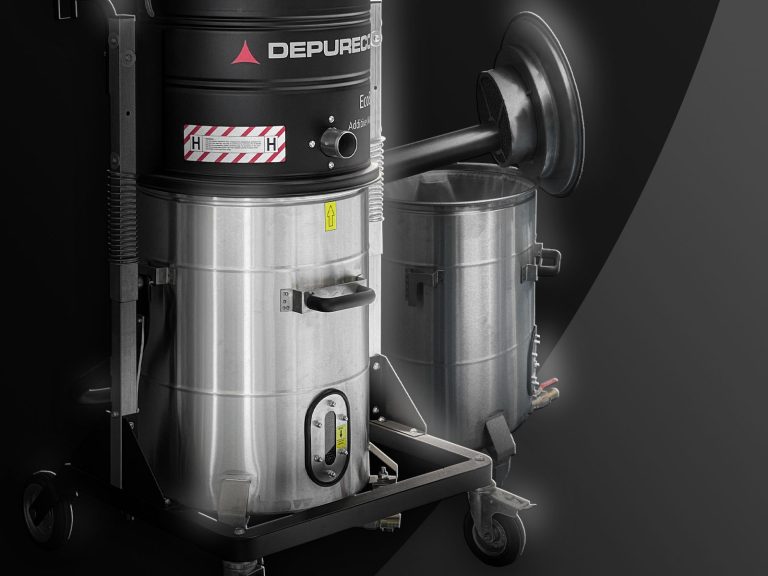 Close-up of Depureco ATEX inert industrial vacuum with stainless body and a separate inerting separator on casters.