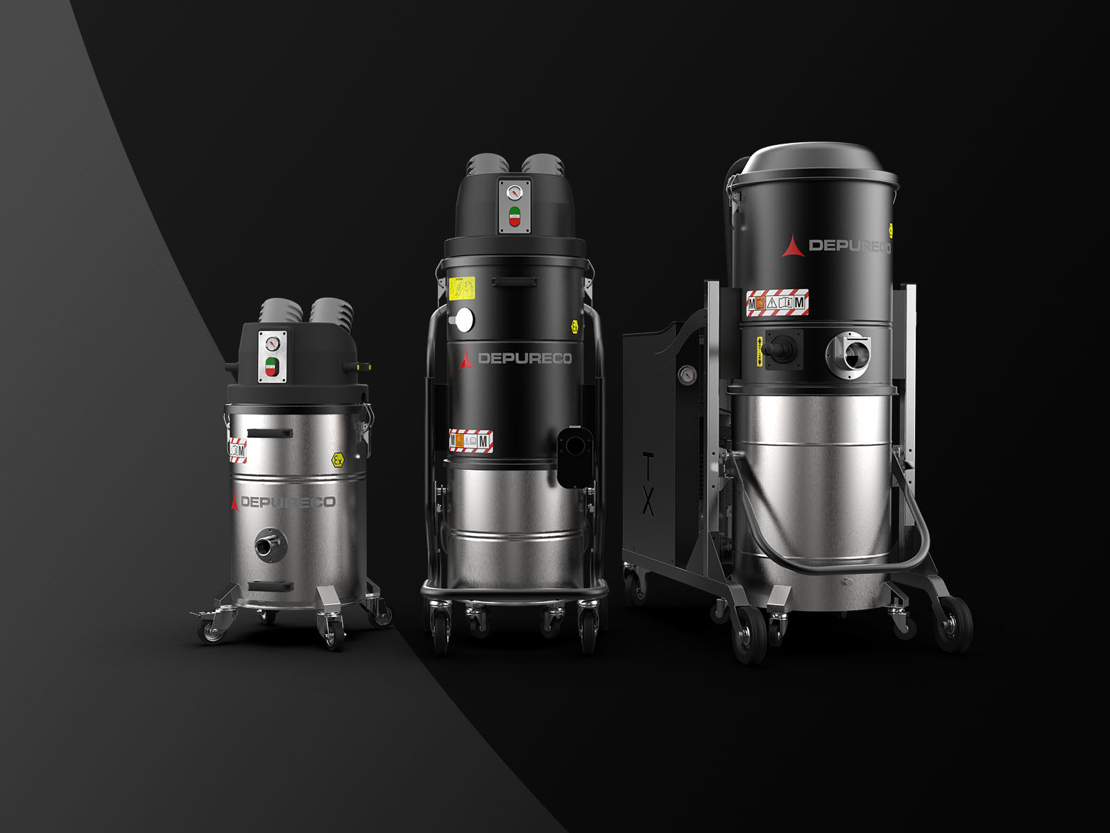 Three Depureco explosion-proof/ATEX Z22 industrial vacuums on wheeled frames in a studio lineup.