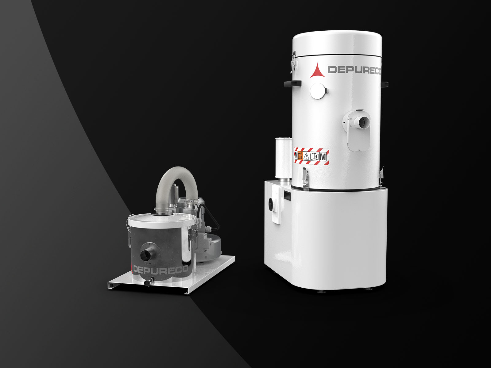 Ultra-compact Depureco industrial vacuum extractor with separate blower module, designed for on-board machinery integration.
