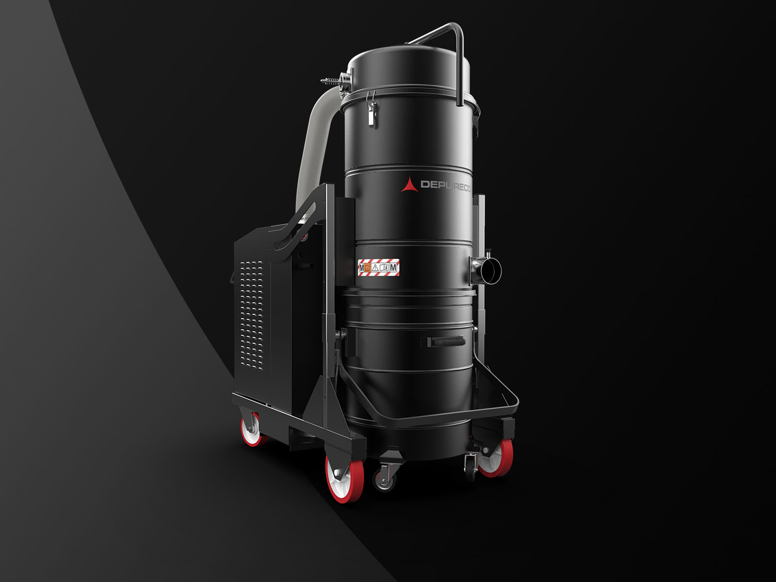 Large Depureco industrial vacuum on a trolley with external power module and red casters, studio backdrop.