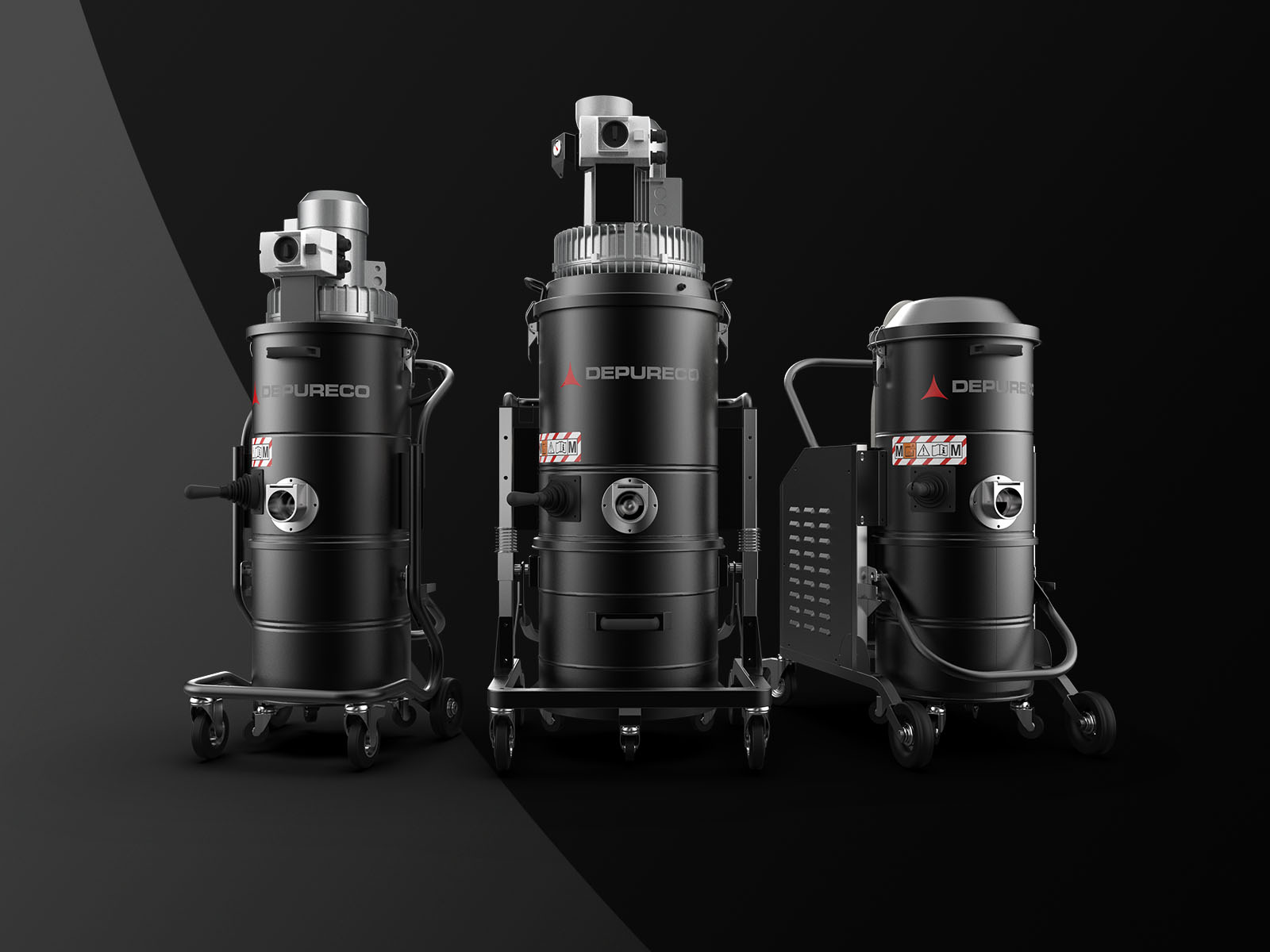 Three compact Depureco industrial vacuum cleaners on wheeled frames against a dark studio backdrop.