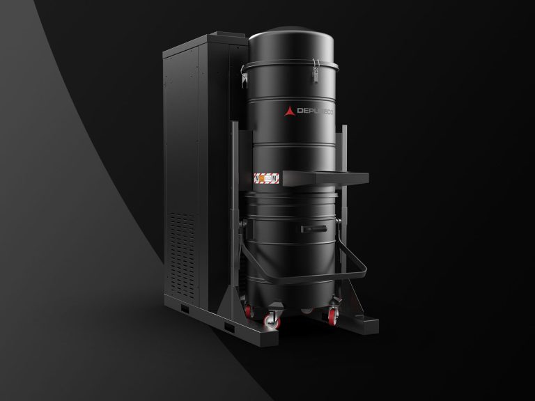 Stationary Depureco dust collector with external power cabinet on a fixed frame, dark studio backdrop.