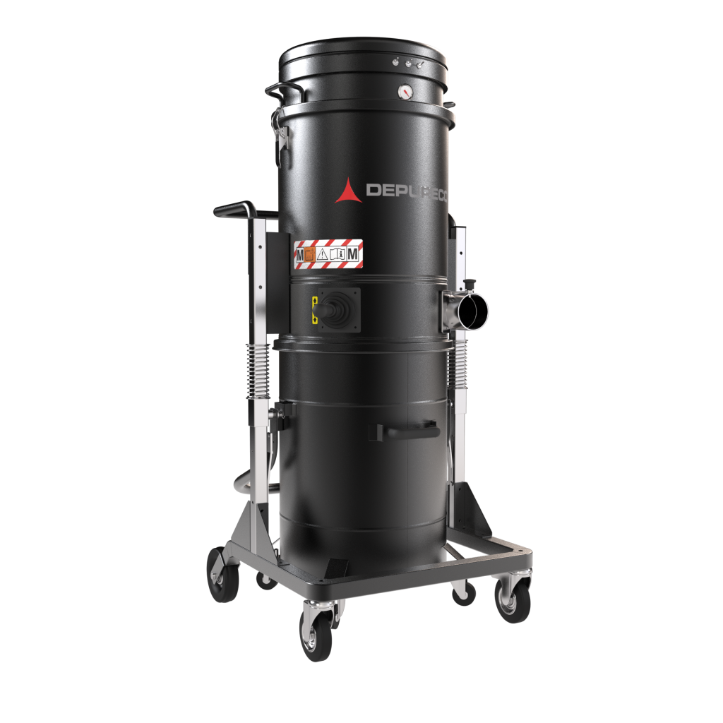 Depureco M100 TAN mobile vacuum suctioning metal chips and swarf from CNC shop floor — high-lift, manual filter shaker for extended performance.