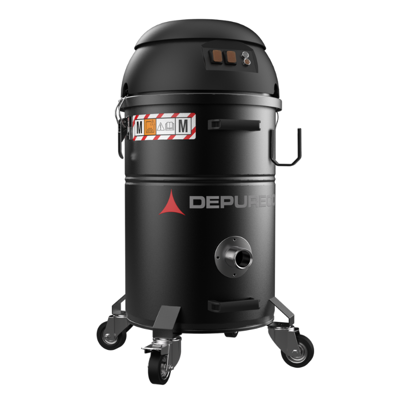 Depureco M PRO compact mobile industrial vacuum with dual motors, M-class filtration, and wheeled collection tank.