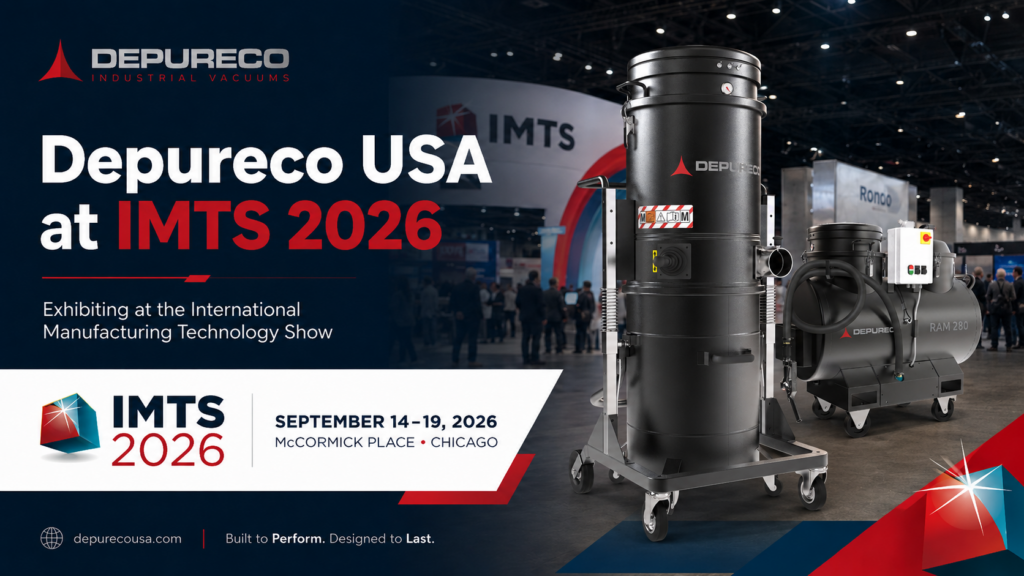 A hero image for Depureco's event at IMTS 2026 featuring a sump and metalworking vacuum.