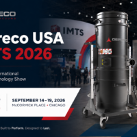 A hero image for Depureco's event at IMTS 2026 featuring a sump and metalworking vacuum.