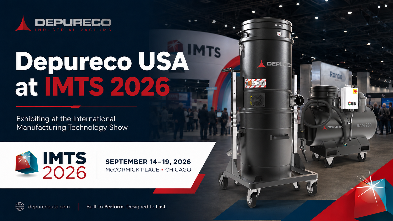 A hero image for Depureco's event at IMTS 2026 featuring a sump and metalworking vacuum.