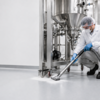 Chemical operator using vacuum to clean powder off of the ground.