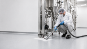 Chemical operator using vacuum to clean powder off of the ground.
