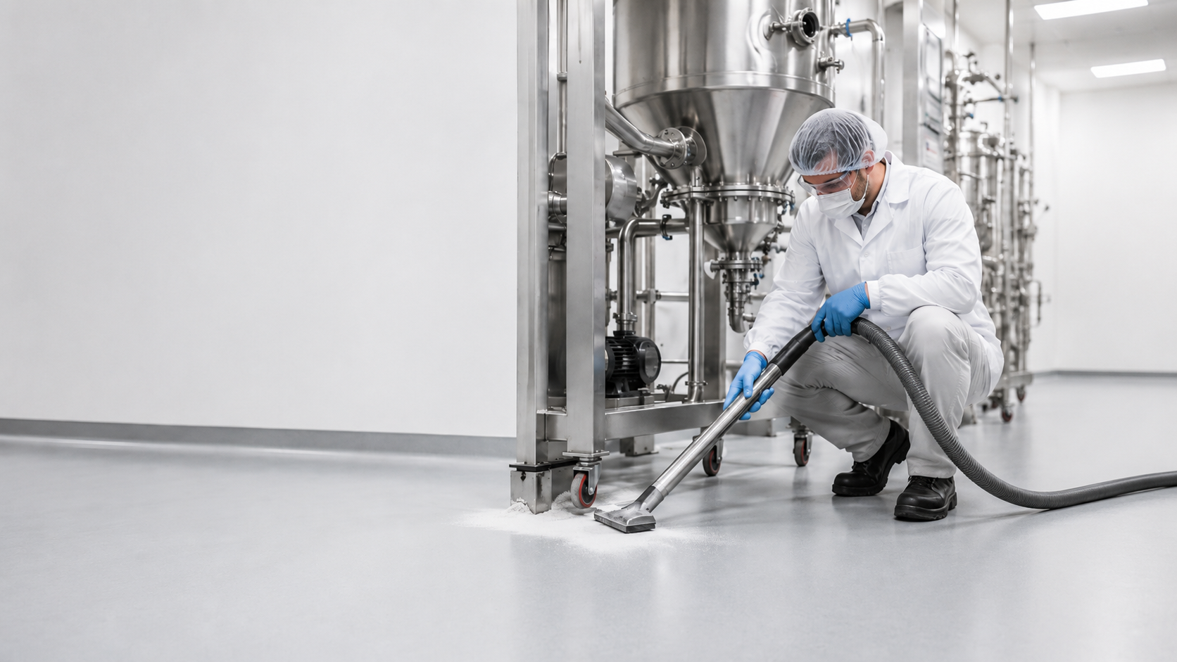 Chemical operator using vacuum to clean powder off of the ground.