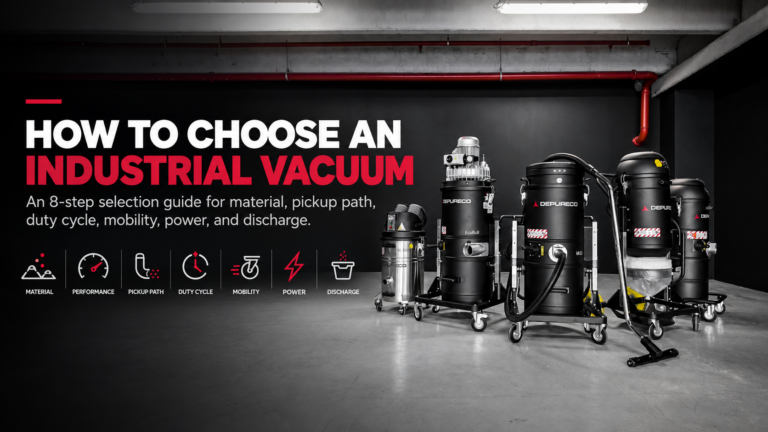 Depureco industrial vacuum selection guide showing multiple industrial vacuum models with icons for material, performance, pickup path, duty cycle, mobility, power, and discharge.