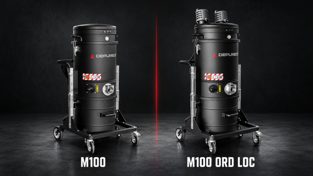 Depureco M100 and M100 ORD LOC industrial vacuums displayed side by side against a dark background.