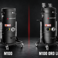 Depureco M100 and M100 ORD LOC industrial vacuums displayed side by side against a dark background.