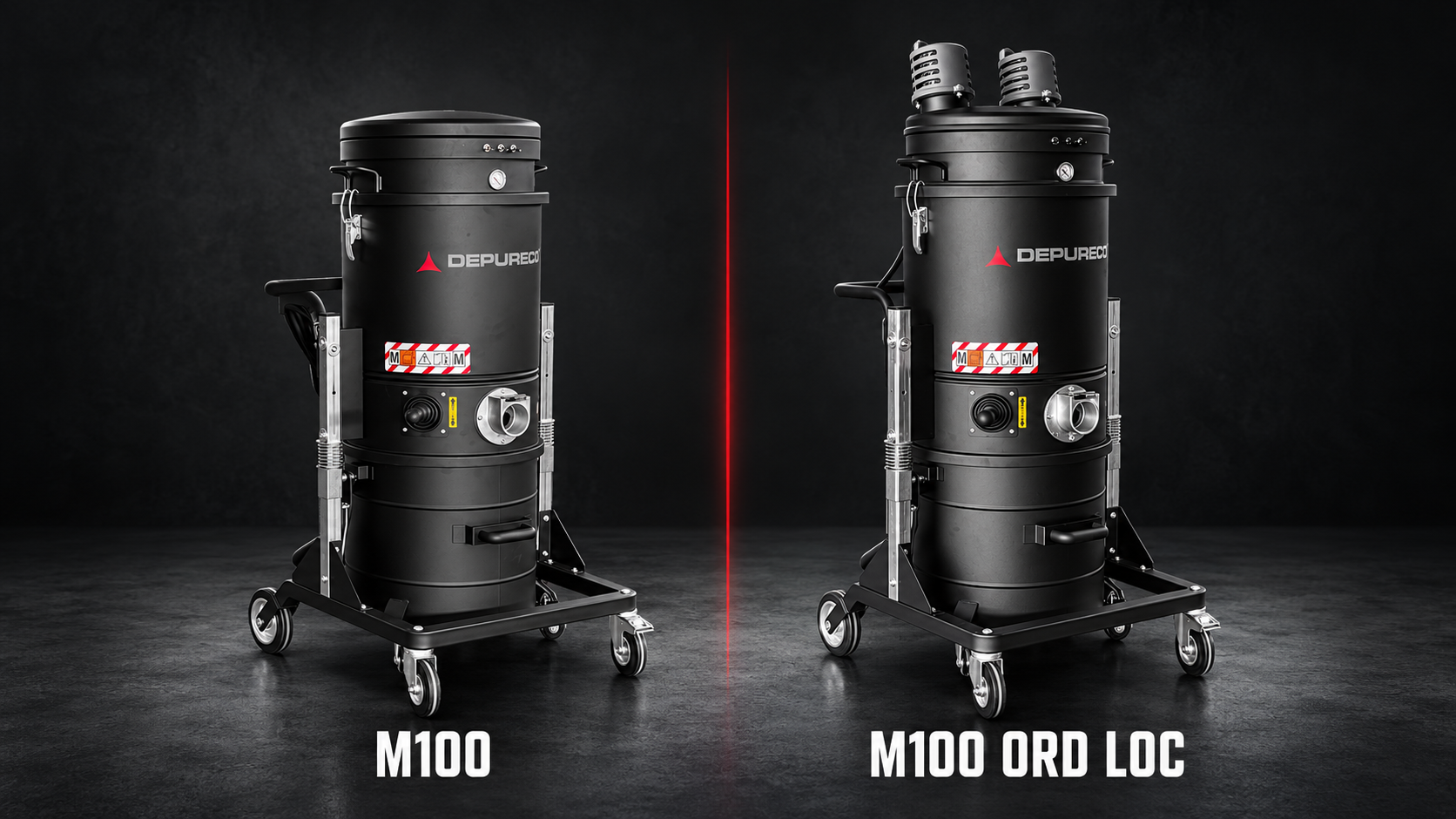Depureco M100 and M100 ORD LOC industrial vacuums displayed side by side against a dark background.