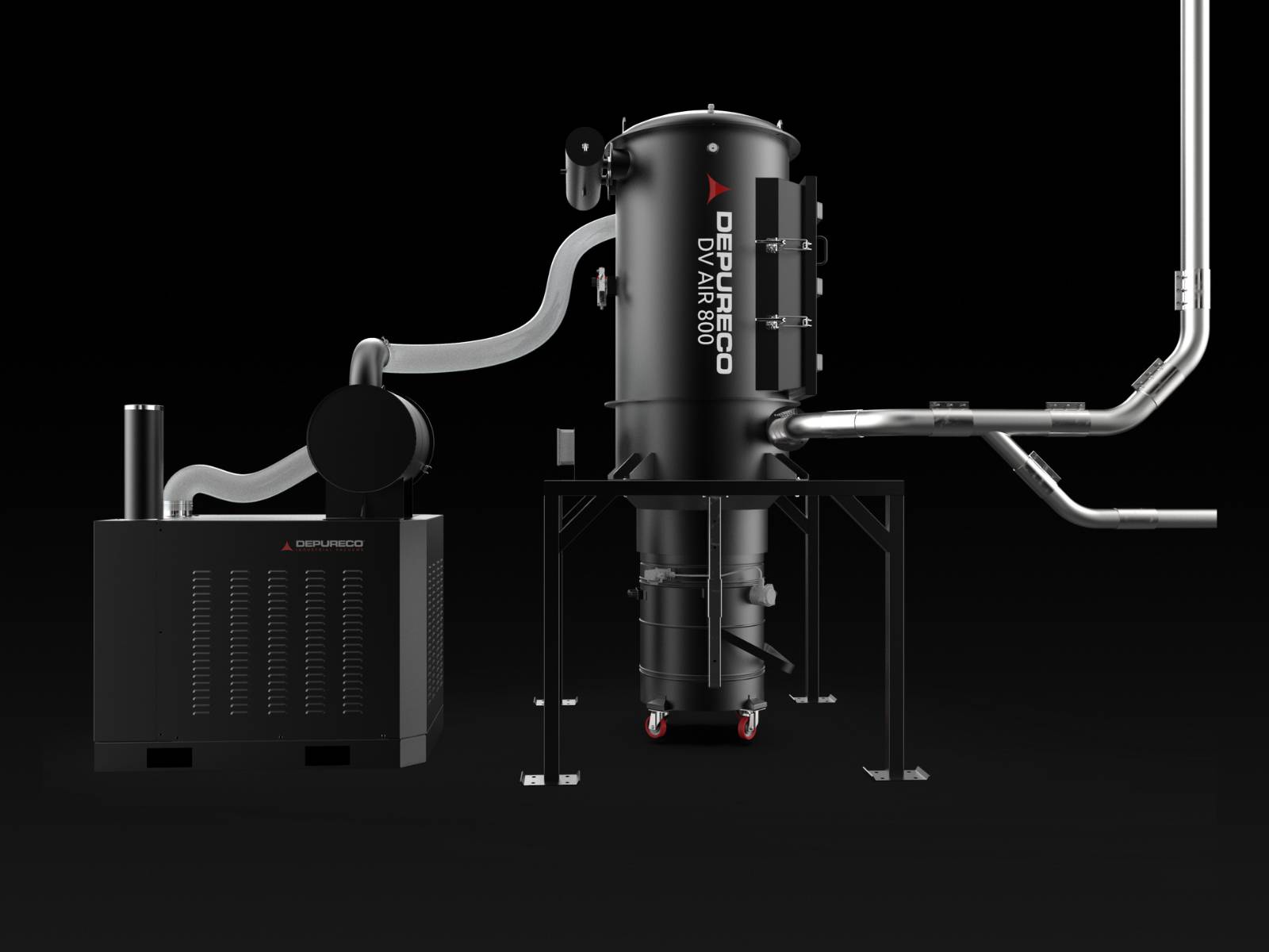 Central vacuum system with black vertical separator on stand, power unit, and metal ducting; Depureco branding.
