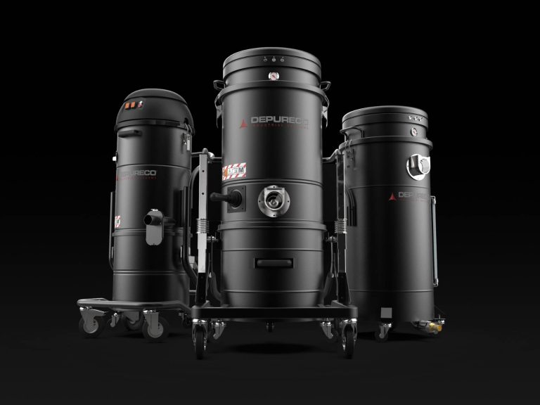 Three Depureco wet/dry industrial vacuum cleaners on casters; liquid and solid recovery models.
