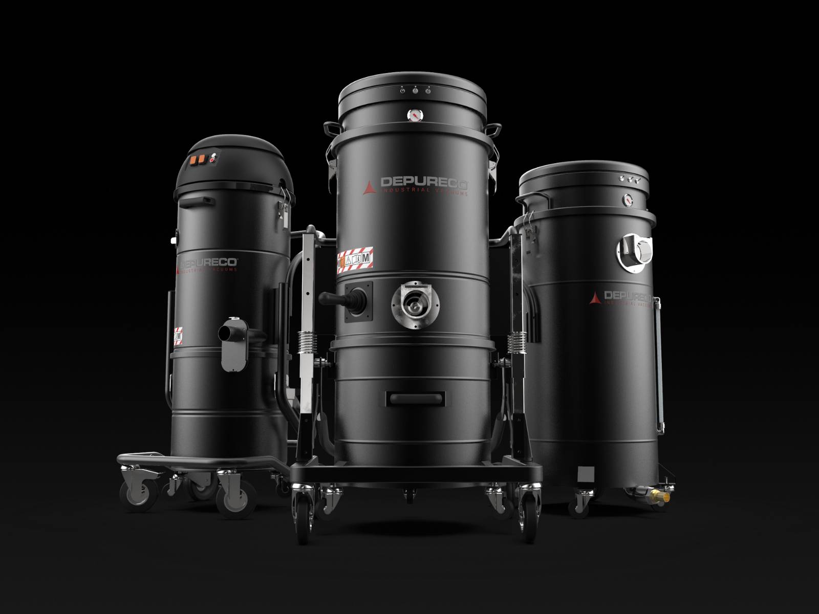 Three Depureco wet/dry industrial vacuum cleaners on casters; liquid and solid recovery models.