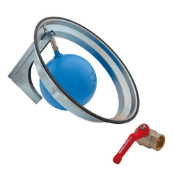 Float shut-off assembly with blue ball, sealing ring, and brass discharge valve with red lever.