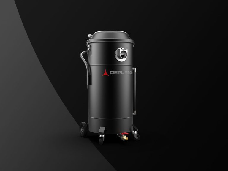 Depureco pneumatic (compressed-air) industrial liquid vacuum on casters with side inlet and bottom drain fitting, studio backdrop.