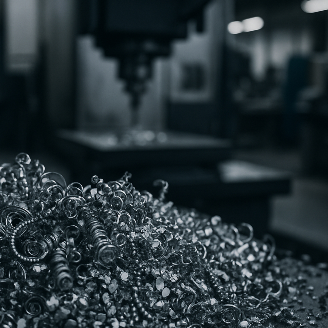 Metal chips and spiral swarf on CNC shop floor with machine tools in background — chip and shavings collection for machining cleanup.