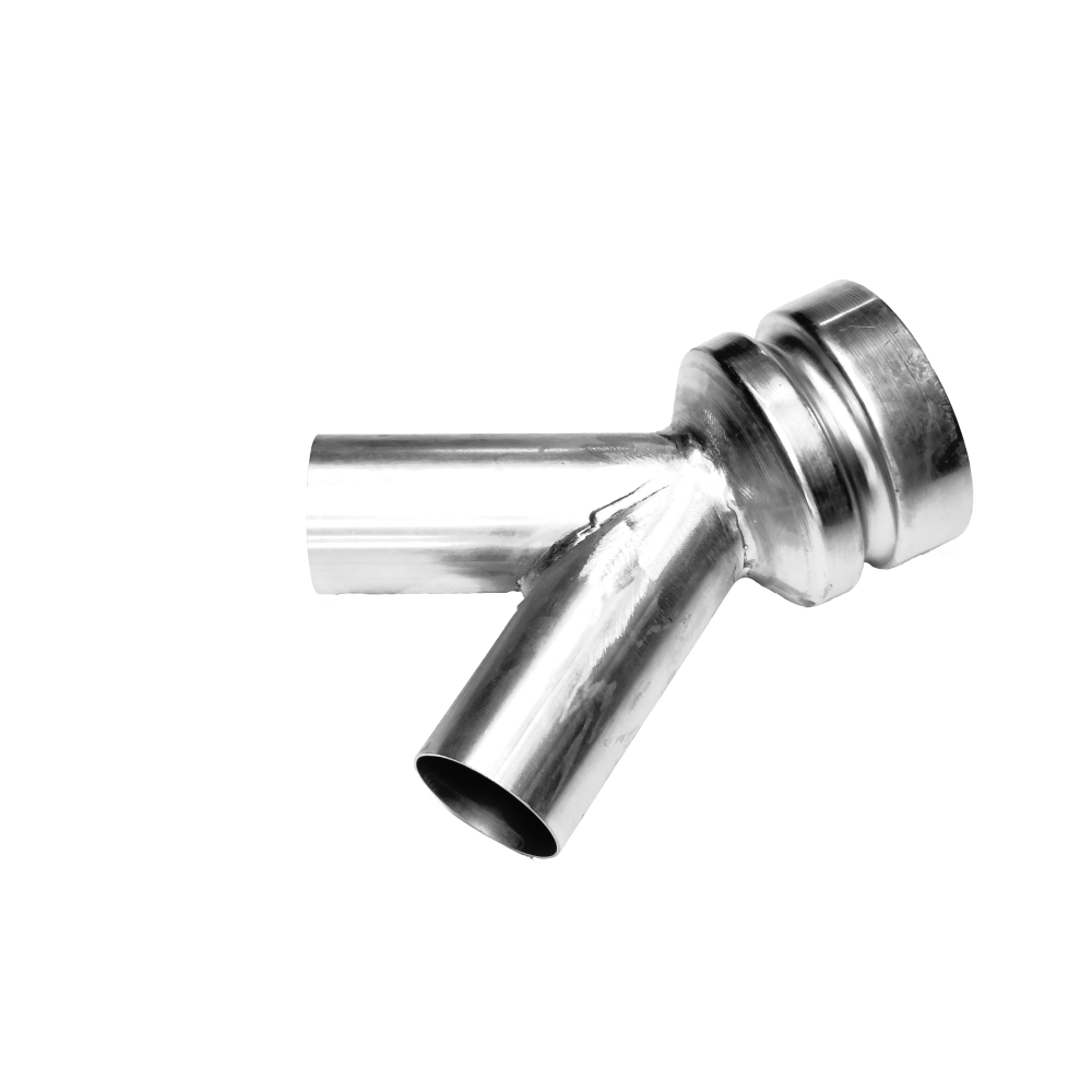 Y Iron Two-Way Branch — Splitter Fitting for Vacuum Lines | Depureco Metal Y-branch hose fitting with two outlets and one inlet for splitting a vacuum line.