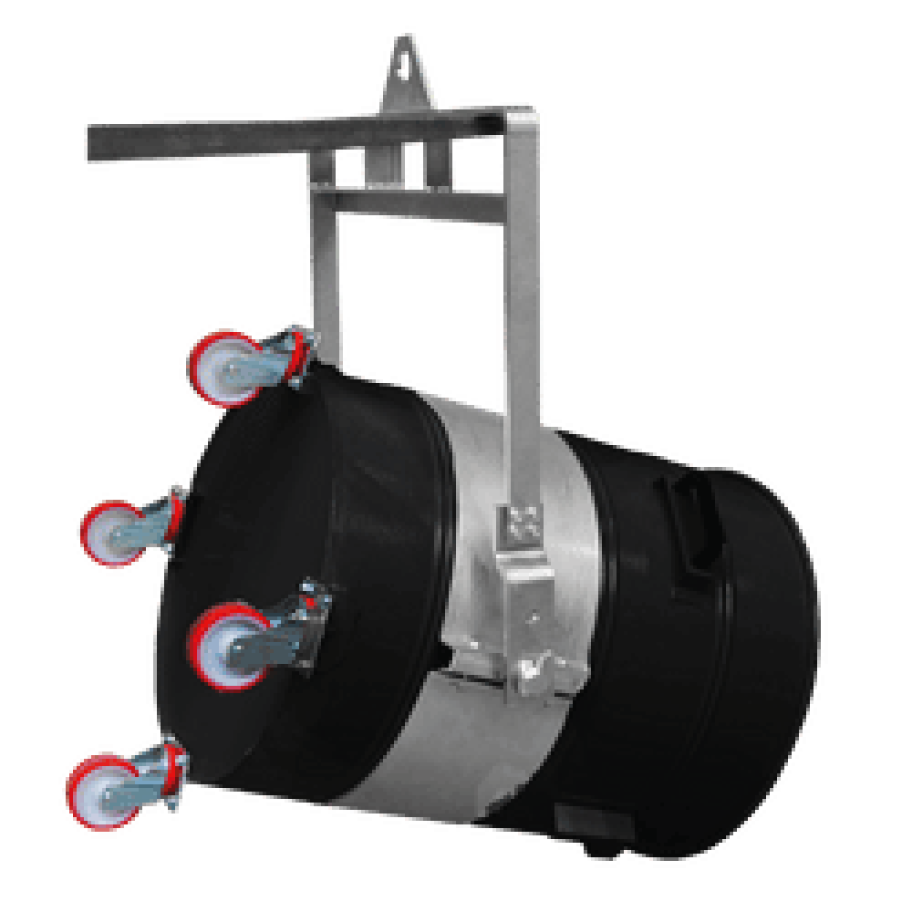 Lifting Bracket & Ring — Vacuum Bin Installation | Depureco Lifting bracket with ring mounted to a cylindrical Depureco vacuum collection bin on red casters; hoist-ready setup.