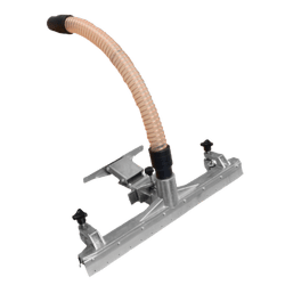 Frame-Mounted Floor Tool — Wet & Dry Pickup Head | Depureco Frame-mounted industrial vacuum floor tool with wide squeegee/brush head, height wheels, and corrugated hose connection.