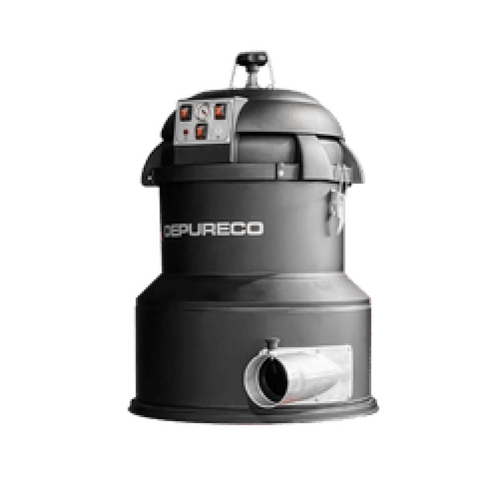 Drum Adapter Kit — Convert Steel Drums into Collection Bins | Depureco Depureco drum adapter kit vacuum head with control panel and large side inlet mounted on a drum lid.