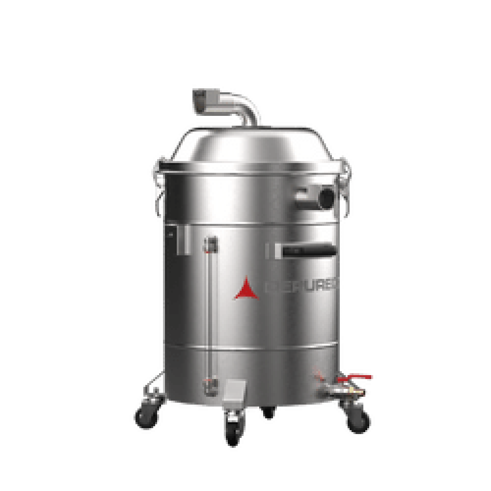 P11827 Stainless Pre-Separator — Filter Protection & Clean Dumps | Depureco Depureco P11827 stainless pre-separator on wheeled drum with elbow inlet on the lid and bottom drain valve.